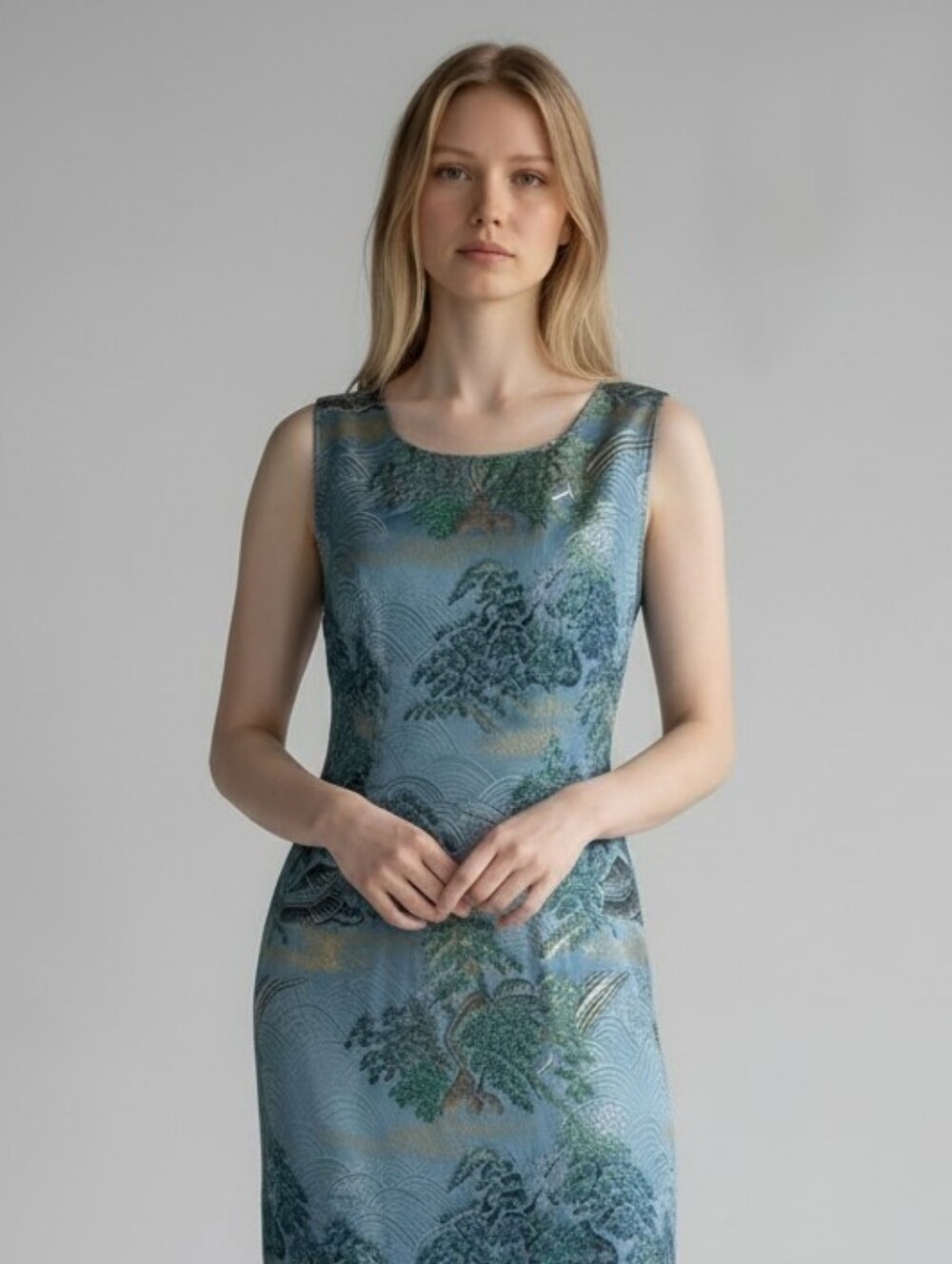 Classic Jacquard Chinese Style Cheongsam Silk Handmade Hourglass Turquoise LRG